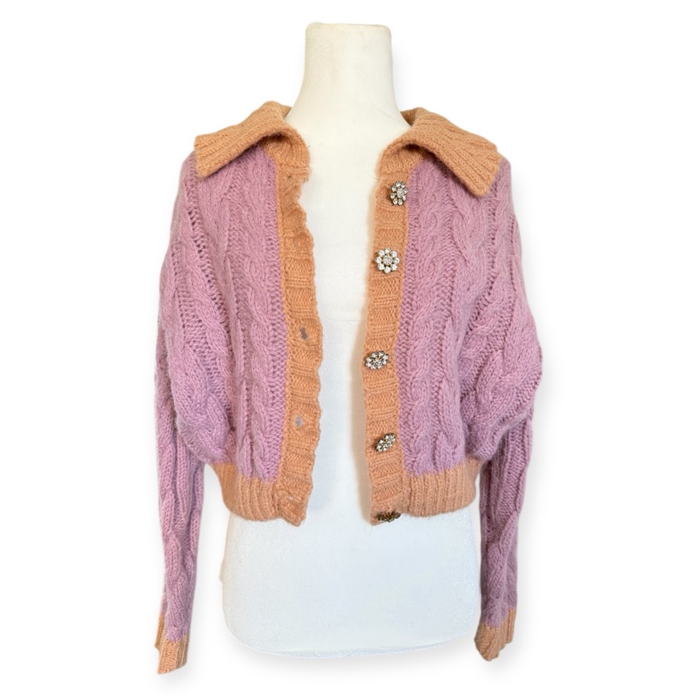 Lush Pink Orange Contrast Trim Cable Knit Cropped Cardigan Small Fairy Indie Fun